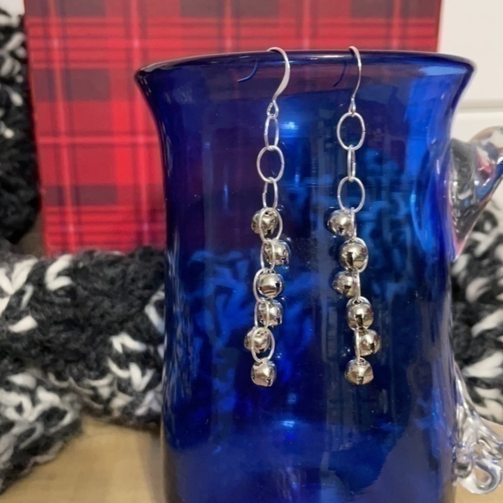 $10 SALE Mini Jingle Bell Dangle Earrings 2.75” Silver Boho Holiday Fun Handmade